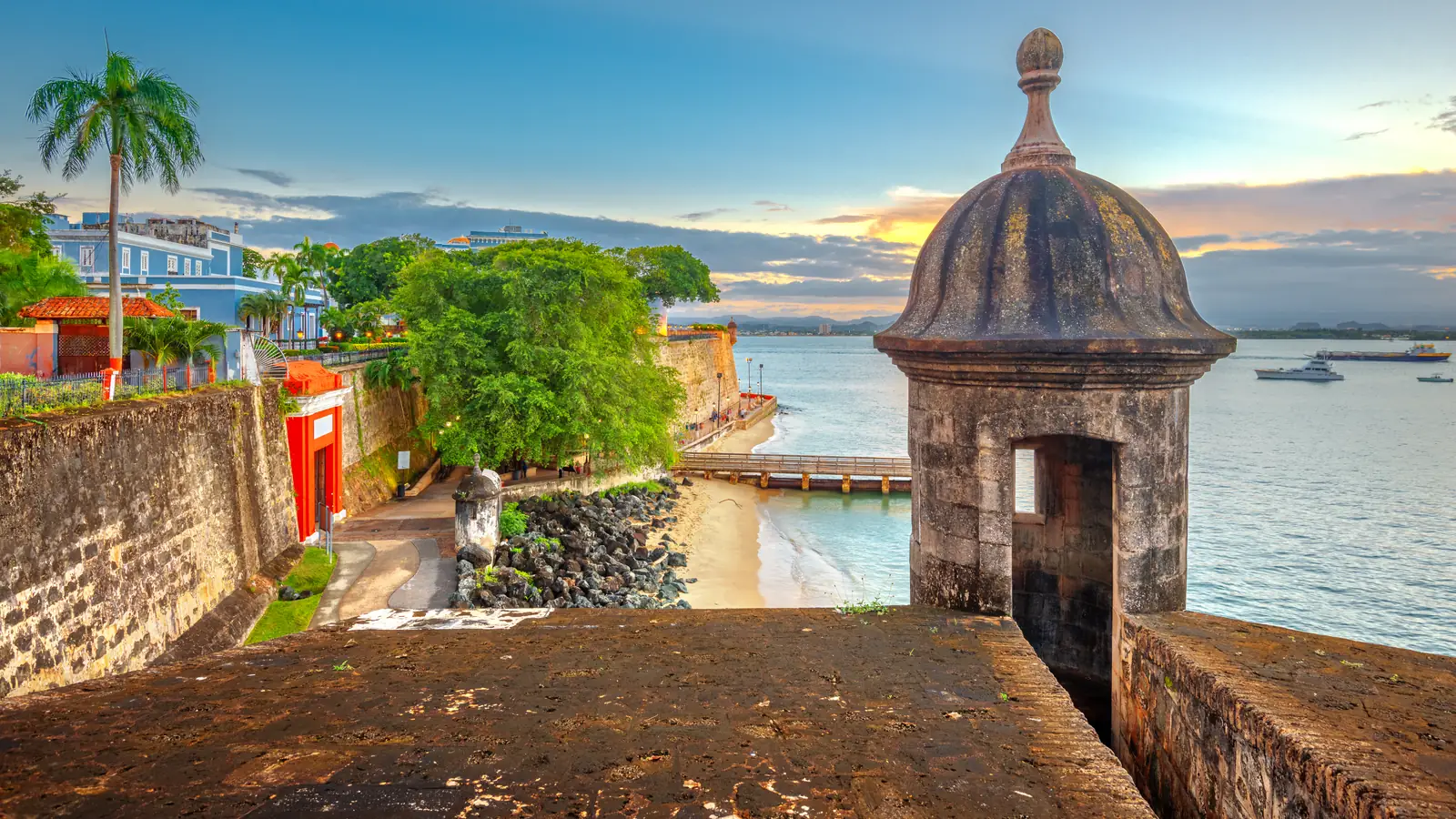 A stone sentry box on the old city walls of San Juan, Puerto Rico, overlooking the bay